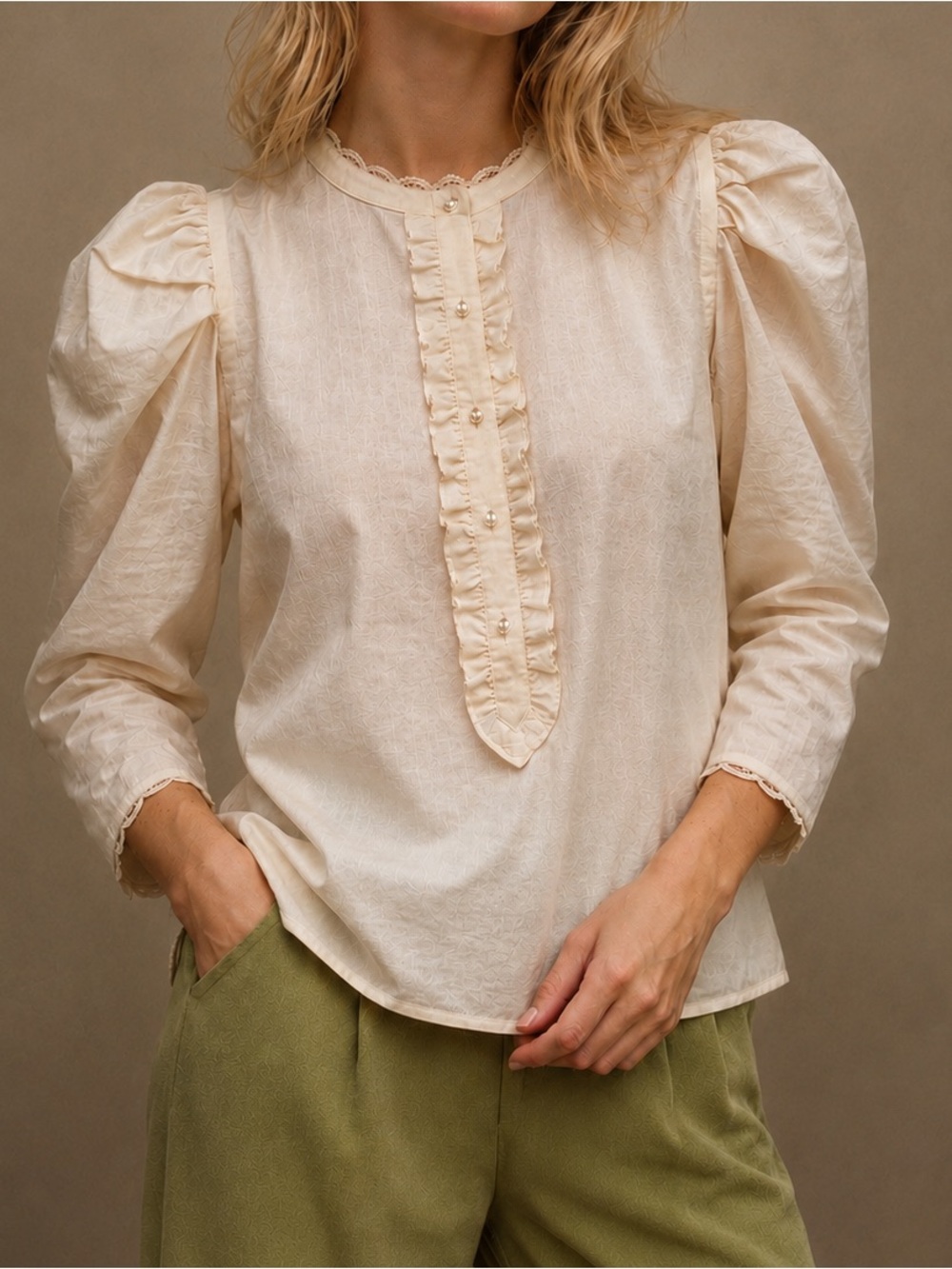 Christy Dawn Cream Ruffle Pintuck Blouse